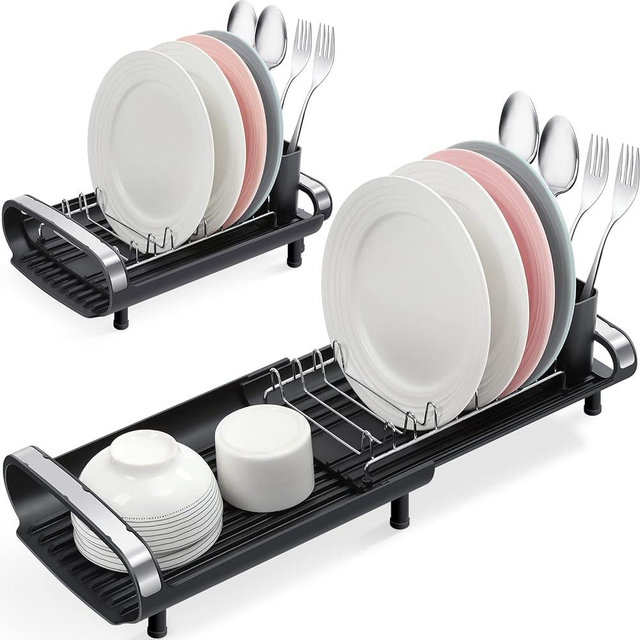 TOOLF Expandable Dish Rack, Compact Dish Drainer, Stainless Steel Dish Drying Rack with Removable Cutlery Holder, Anti Rust Plate Rack, Small Sink Drainer for Sink or Kitchen Countertop