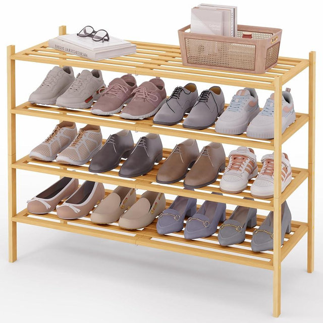 Smiry Long Bamboo Shoe Rack 4-Tier, Stackable Wooden Shoe Organizer for Entryway & Closet, Free Standing Wood Shoe Storage Shelf for Front Door & Small Spaces, Natural