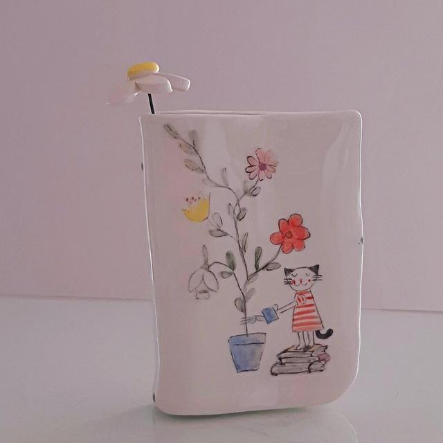 Little Hand Painted Bud Vase with Cat Watering the Flowers, Illustrated Cat Vase