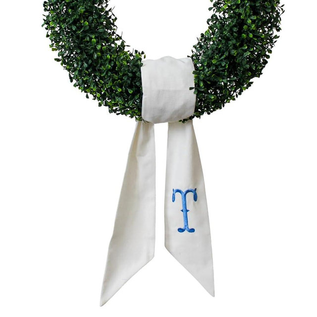 Monogram Wreath Sash for Front Door, White Embroidered Linen Wreath Sash, Porch Accessory for Xmas Party Yard, Wedding, and Boxwood Decoration, Indoor Outdoor Décor - (T)