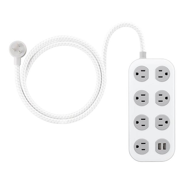 GE 7-Outlet Surge Protector with USB 1470J 2 USB-A 4' Braided Cord White and Gray