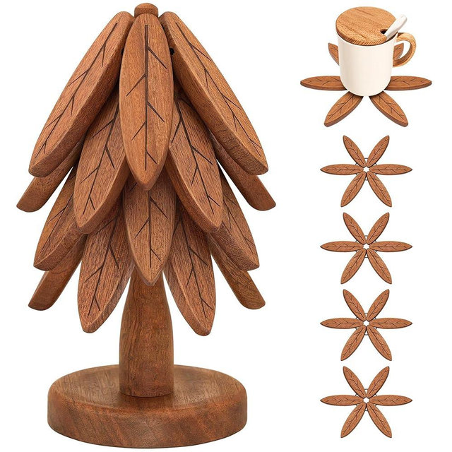 JOMBY Wooden Trivets for Hot Dishes, Tree Shape Trivet Set, 4 Collapsible Trivet with 1 Stand, Suitable for Hot Pots Pans Bowls, Durable Wood Coasters Hot Pads Table Decoration (Leaf Texture)