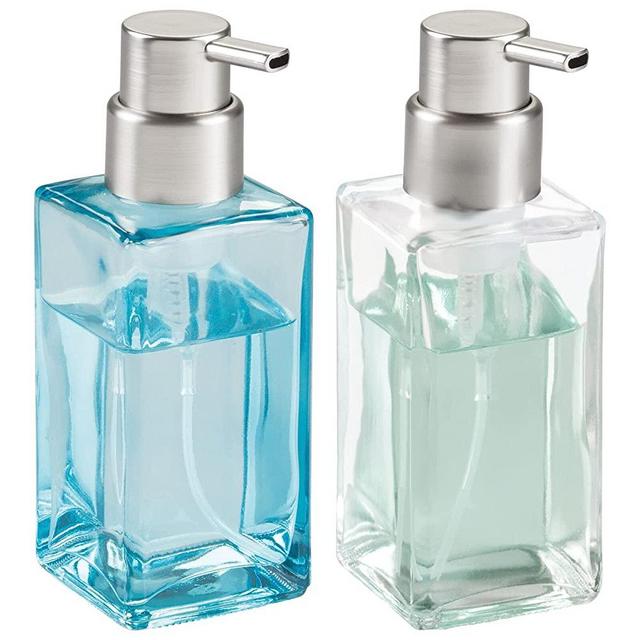 mDesign Glass Foaming Soap Dispenser Pump Bottle for Bathroom Vanities or Kitchen Sink, Countertops - Pack of 2, Square, Blue/Brushed, Clear/Brushed
