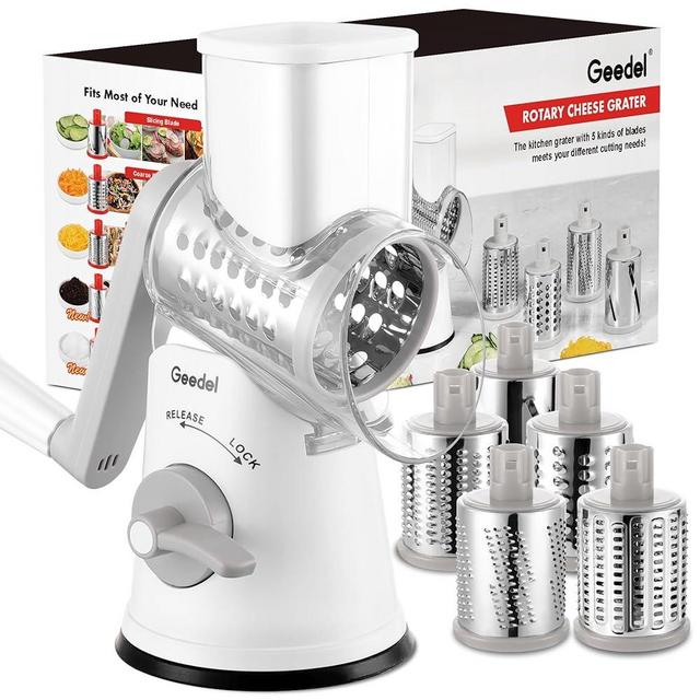 Geedel Rotary Cheese Grater Cheese Shredder - Upgraded 5-in-1 Cheese Grater with Handle and Strong Suction Base, Multi-purpose Vegetable Slicer Ice Shaver Nuts Grinder for Ice, Vegetables, Fruit, Nuts