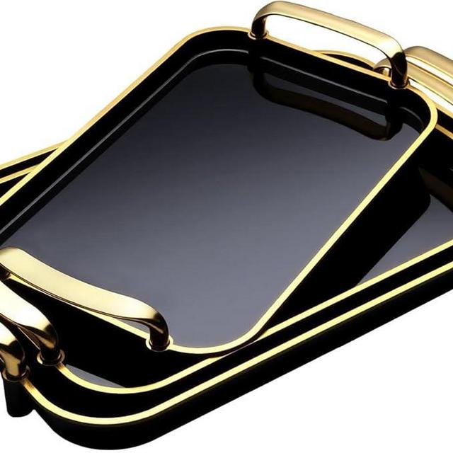 Set of 3 Serving Platters with Handles 16.5/15/13.2 Inch Reusable Large Serving Trays, Party Food Tray, Rectangular Dinner Plates for Cookie, Cake, Turkey, Cheese, Fruit, Snack(Black)