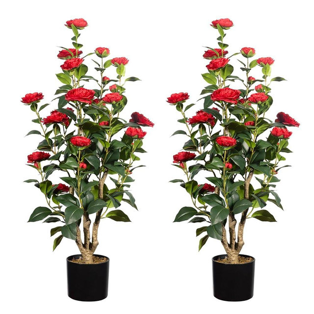 Romantic Season 2Pack Artificial Camellia Tree, 3FT, Red Faux Camellia Plant, Fake Potted Flower Tree for Modern Homes