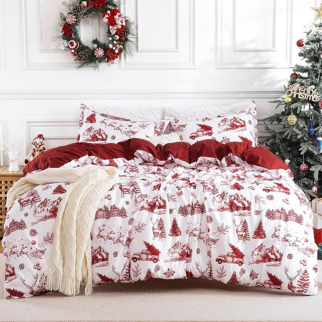 STARBEDIA Christmas Duvet Cover King, Soft Brushed Microfiber Comforter Cover Sets, Reindeer Printed Holiday Theme Bedroom Decorative Bedding (King Size, Christmas Boho Red)