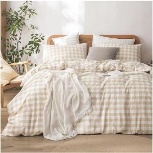 BESTOUCH Duvet Cover Set 100% Washed Cotton Linen Feel Super Soft Comfortable Chic Lightweight 3 PCs Home Bedding Set Almond Grey & White Grid Queen