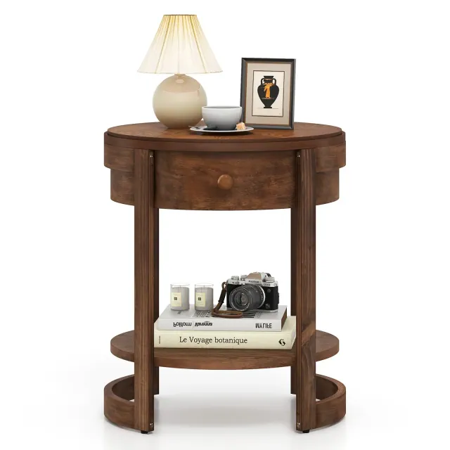 Costway 2-Tier Nightstand w/ Shelf & Wood Grains Drawer Round End Table for Living Room