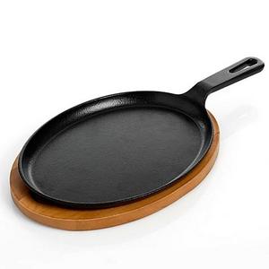 Artisanal Kitchen Supply® Pre-Seasoned Cast Iron Fajita Pan with Wooden Tray in Black