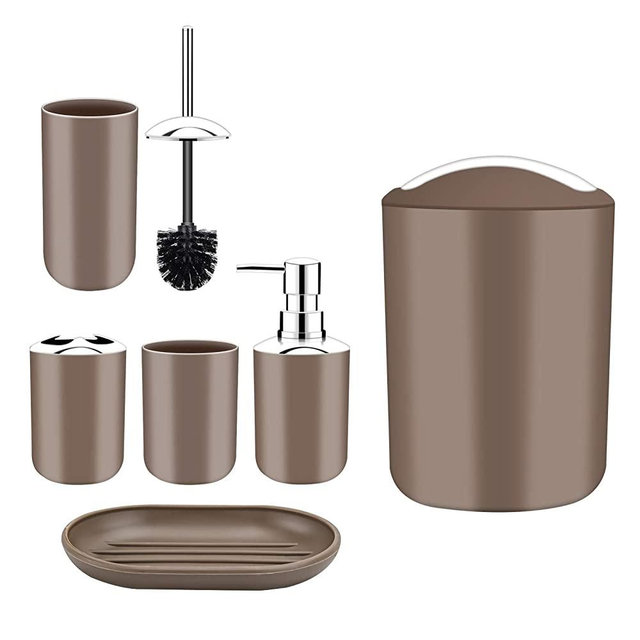 Papillon Bathroom Accessories Set-6 Piece Plastic Gift Set Toothbrush Holder,Toothbrush Cup,Soap Dispenser,Soap Dish,Toilet Brush Holder,Trash Can,Tumbler Straw Set Bathroom (Coffee)