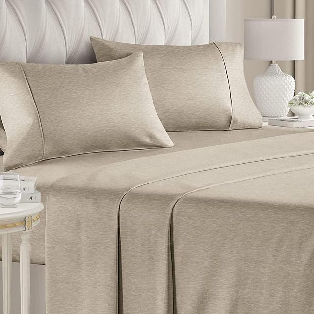 King Size Sheet Set - 4 Piece Set - Softer Than Jersey Cotton - Same Look as Jersey Knit Sheets & T-Shirt Sheets - Deep Pockets - Breathable & Cooling Sheets - Wrinkle Free - Heathered Beige – 4PC