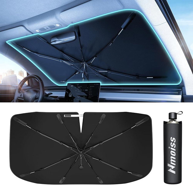 [2025 Upgrade] Nmoiss Windshield Sun Shade Umbrella - [Vinyl Coating Heat Shield] Protect Car from Sun Rays & Heat Damage Keep Cool and Protect Interior, Spring Structure Edge Medium 56" L x 31" W