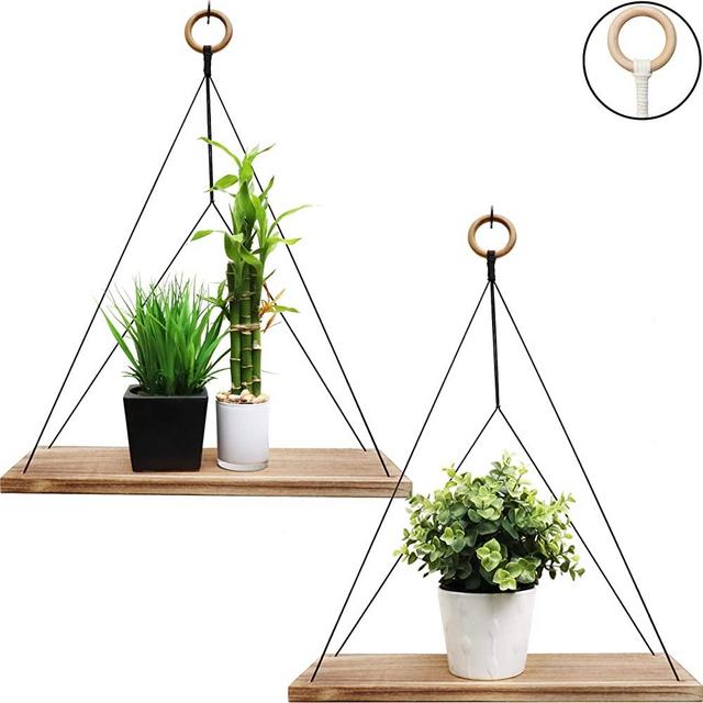 Boho Wall Hanging Shelves -Set of 2- Macrame Wall Hanging Shelf - Shelves for Bedroom - Hanging Shelves for Wall - Hanging Plant Shelf - Decorative Shelves - Boho Wall Decor (Black, Rope)