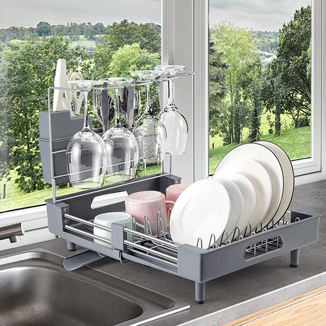 PYGHWNXH Dish Drying Rack, Kitchen Counter Dish Drainers Rack, Expandable(13.2"-19.1") Dish Racks, with Utensils Holder,Wine Glass Holder Large Dish Racks and Dish Drainers for Kitchen Counter. Gray