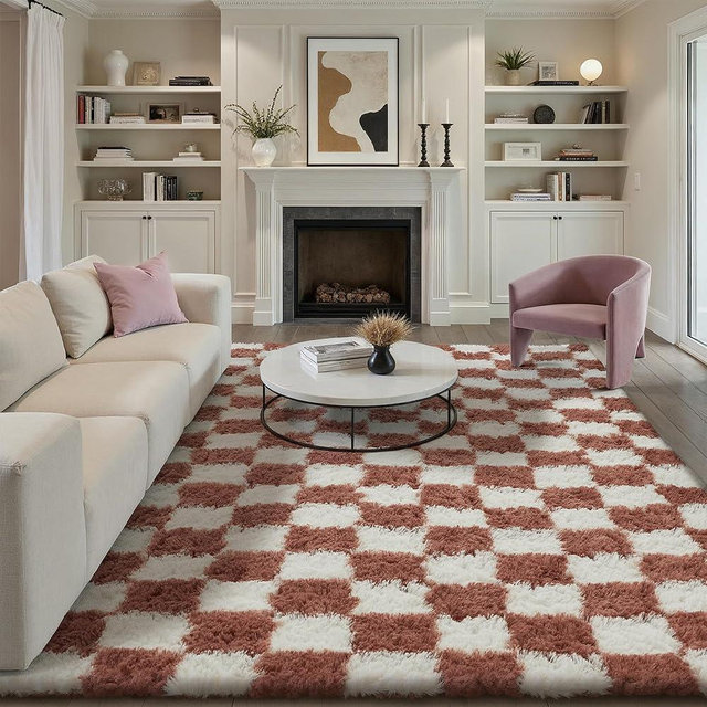 PureCozy Checkered Rug 8x10 for Living Room, Rose Pink Modern Shag Rug Washable Non-Slip Large Area Rug Super Soft Indoor Fuzzy Carpet Fluffy Rugs for Bedroom Home Aesthetic Decor
