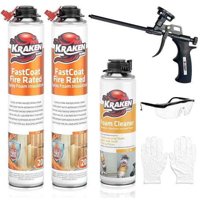 Kraken Bond Fastcoat Fire Rated Spray Foam Insulation Kit Closed Cell in a Can 40 sq ft (2x27.1 oz.) - Wide Polyurethane Spray Foam for Garage Door, Attic, Wall Gun & Cleaner Included, 2 Pack