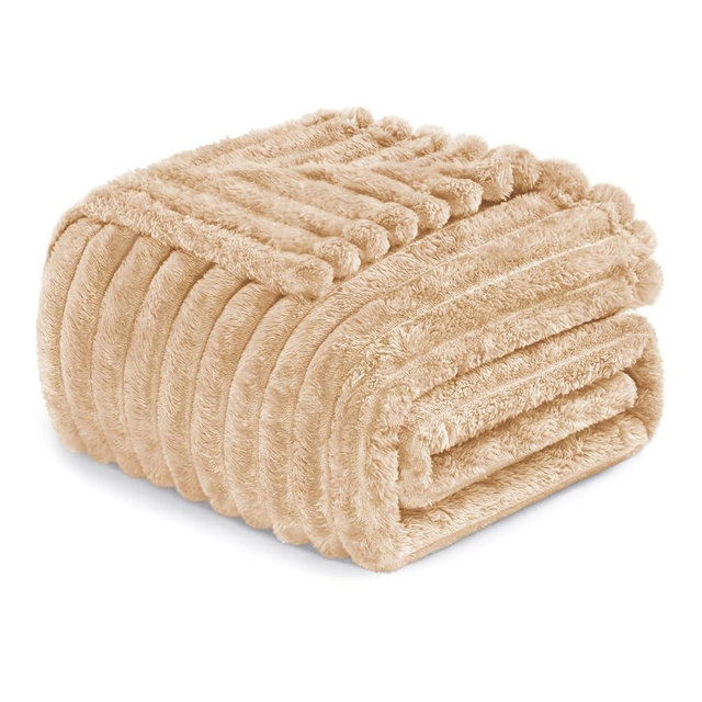 Exclusivo Mezcla Fleece Throw Blanket for Couch, Super Soft Striped Jacquard Bed Blanket, Lightweight Fuzzy Cozy for All Seasons, 50x60 Inches, Beige