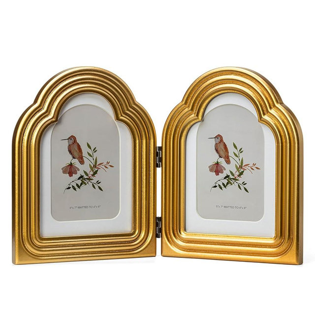 ibalux Double 5x7 Hinged Arch Picture Frame Curved Wavy Edge Vertical Folding Photo Frame Wood with Real Glass, Matted to 4x6, Table Desktop Free-Standing or Wall Art Display, Gold