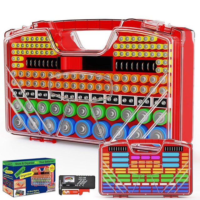 RESGKZE Battery Organizer Storage Holder Box Case with Tester, New Ultra-Large 285+Batteries Double-Sided Variety Pack, Holds AA AAA 4A C D Button Cell 9V 3V Lithium18650 CR2 CR123 CR1632 LR44 (Red)