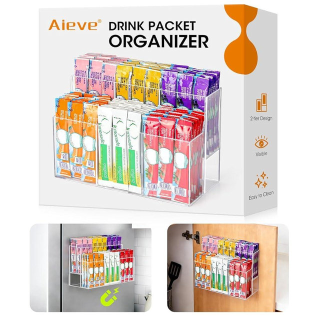 AIEVE Magnetic Drink Packet Organizer, 2-Tier Fridge Organizer Cabinet Door Holder, Acrylic Water Packet Holder for Kitchen Fridge Organizers and Storage (Magnetic & Adhesive)