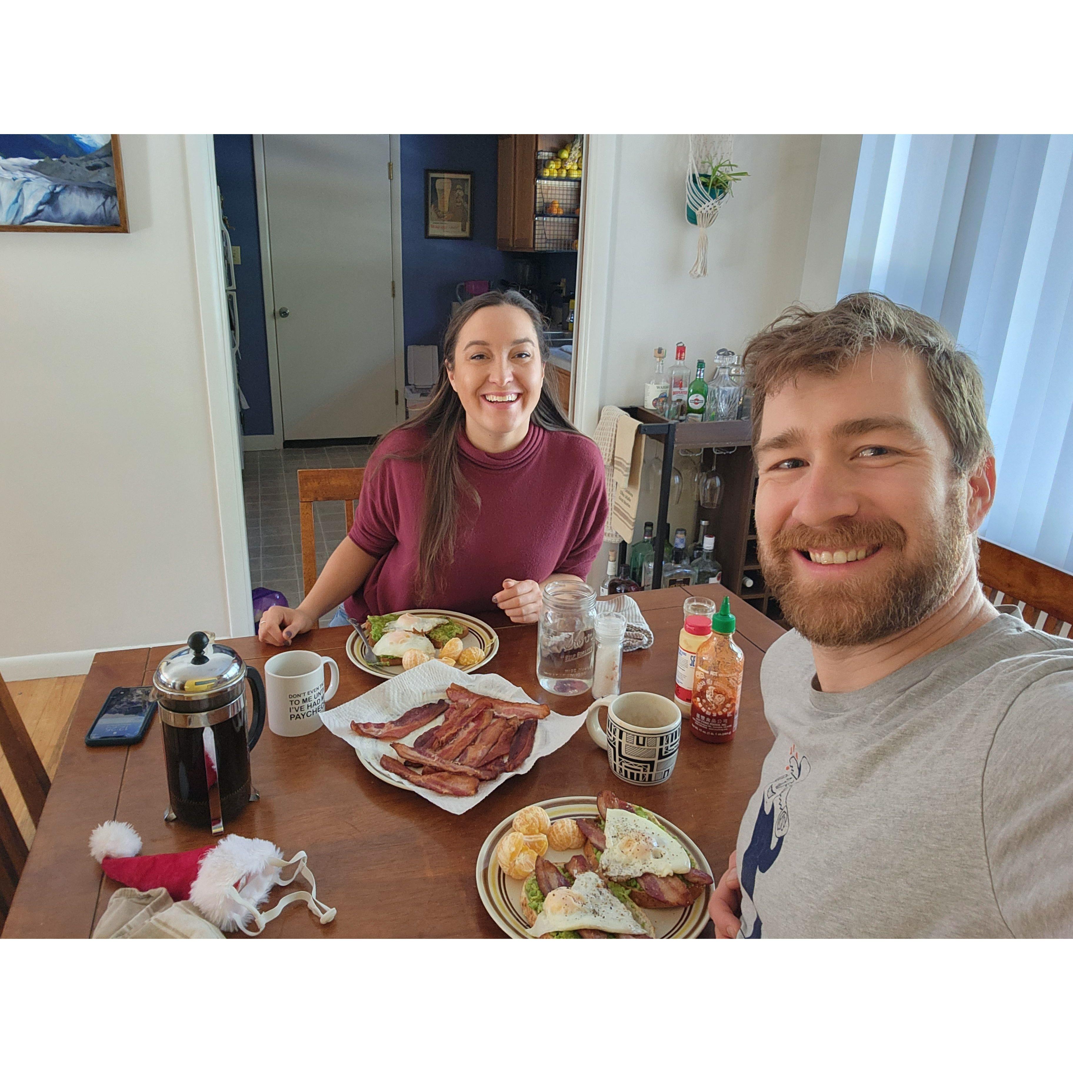 Christmas brunch, 2022! (The little santa hat was a gift for the cat.)