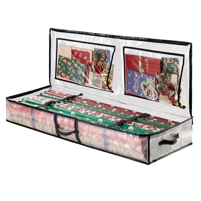 VENO Clear Wrapping Paper Organizer Storage Box for Birthday, Christmas Gift Bags and Holiday Accessories, Underbed Storage Container with Interior Pockets, 40 Inches Long Fits 24 Rolls