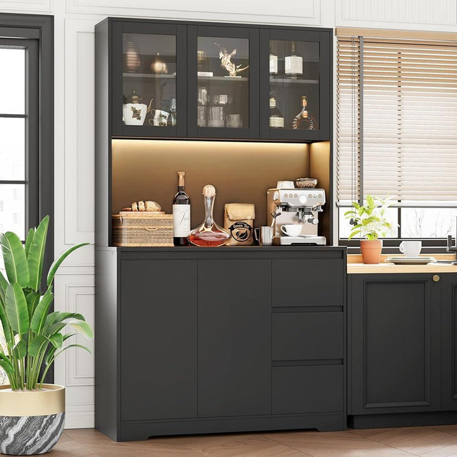 FINETONES 71" Kitchen Pantry Cabinet with LED Lights and Charging Station, Modern Kitchen Cabinet Hutch Cabinet with Storage and Microwave Stand, Pantry Cabinet Buffet Cabinet with Countertop, Black