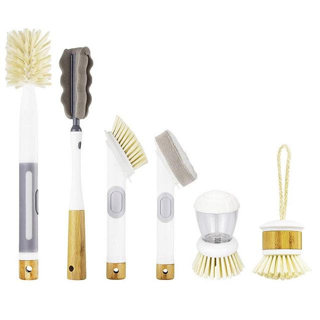 Cook with Color 6 Pc Kitchen Dish Brush Set, Scrub Brush for Dishes, Scrub Brush with Soap Dispenser, Palm Brush, Bottle Brush (White)