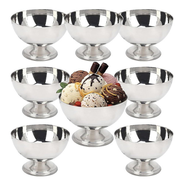 UROSER 8PCS Stainless Steel Ice Cream Bowl, Reusable Salad Cup Dessert Bowl, Metal Pudding Cups Salad Dessert Holder Snack Fruit Candy Container for DIY Ice Cream Parfait Banana Pudding