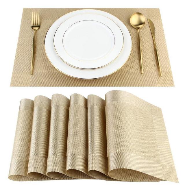 DACHUI Placemats, Heat-Resistant Placemats Stain Resistant Anti-Skid Washable PVC Table Mats Woven Vinyl Placemats (8pcs, Gold-Cross)