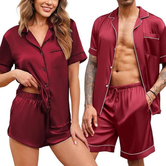 Ekouaer Silk Satin Matching Pajamas Sets Couple Button Down Nightwear Women & Men Short Sleeve Sleepwear 2 Pieces Loungewear