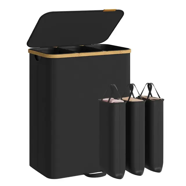 SONGMICS Laundry Hamper, Laundry Sorter with Lid, Storage Basket Bin, Removable Liners, Bamboo Frame, 3 Sections, 44.9 Gal. , Ink Black