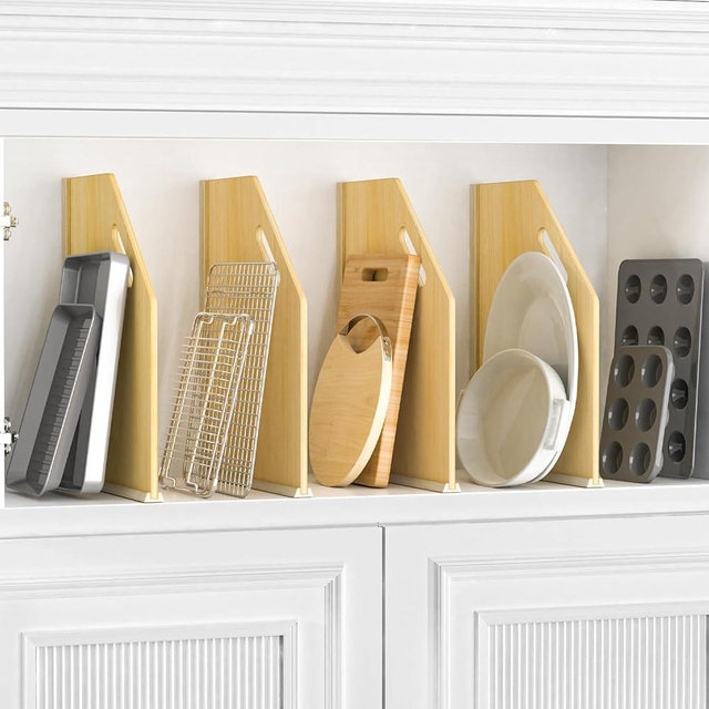 sandpaint 4 Pack Wood Tray Dividers for Cabinet, Cookie Sheet Organizer for Cabinets, No-Cut Kitchen Cabinet Dividers, Cookie Trays for Kitchen, Utility Rooms, Pantry Storage