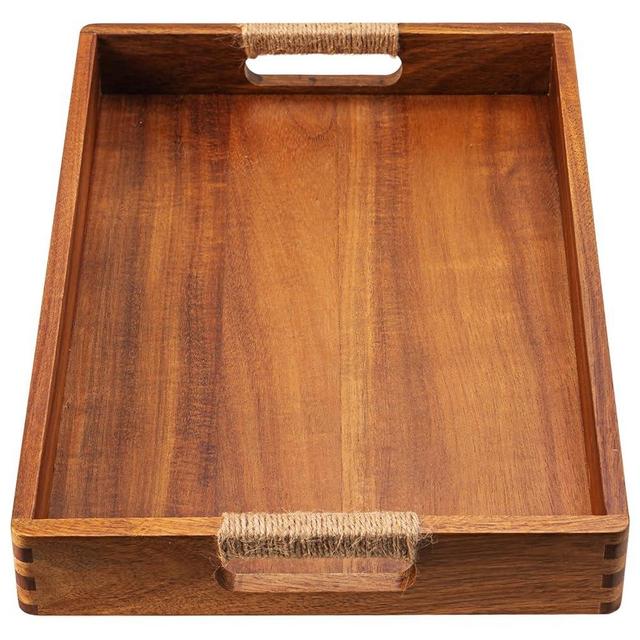16.5 x 12 Inches Acacia Wood Serving Tray, Large Wooden Food Trays with Handles, Coffee Table Tray for Ottoman, Charcuterie, Parties, Eating, Snack, Decor, Outdoor Kitchen Counter Bandeja De Madera