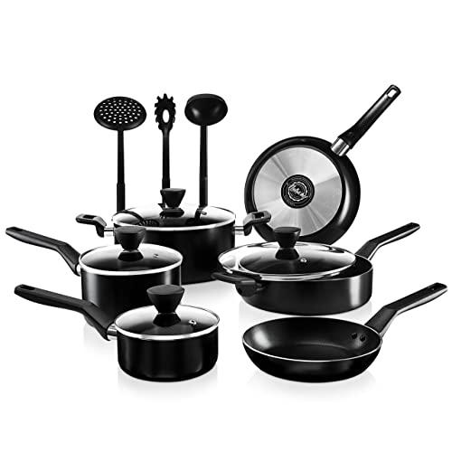 NutriChef 13-Piece Nonstick Cookware PTFE/PFOA/PFOS Free Heat Resistant Kitchen Ware Set w/Saucepan, Frying Pans, Cooking Pots, Casserole, Lids, Ladle, Fork, Strainer