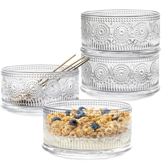 Swetwiny Glass Bowl 4 Pack Ice Cream Bowls, 15.5 Ounce Glass Serving Bowl Dessert Bowls Setwith Gold Spoon Trifle Bowl For Dessert, Ice Cream, Cereal, Nuts, Pudding (Sunflower, Set of 4)