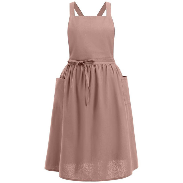 OBEEII Cotton Linen Apron for Women Girls Cross Back Kitchen Cooking Aprons with Pockets Vintage Baking Gardening Work Apron Pinafore Dress Cute Work Art Painting Florist Shop Overalls Dusty pink-02