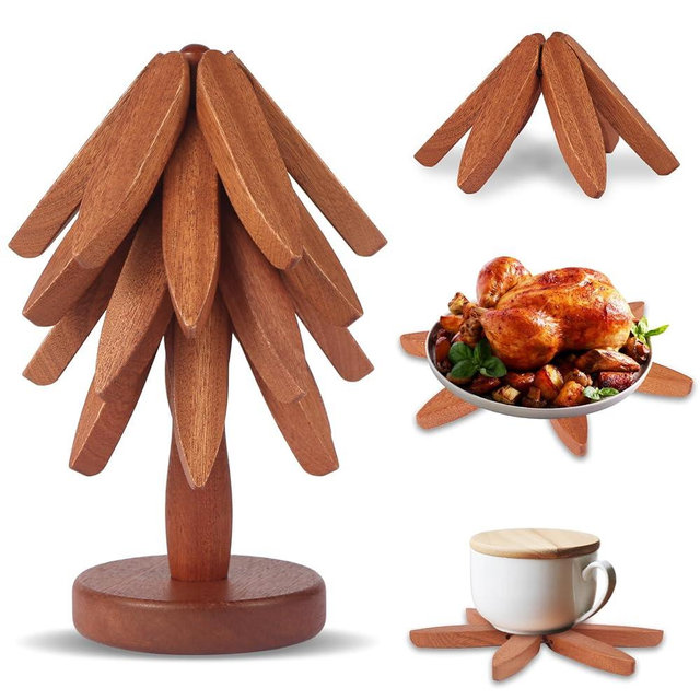 Natural Wood Tree Trivet Set, 4 Leaf Pattern Hot Pads with Decorative Storage Stand, Pot Holders as a Kitchen Gift, Wooden Trivets for hot Dishes,Pot, Pans, Bowl, Teapot, Coffee Pots