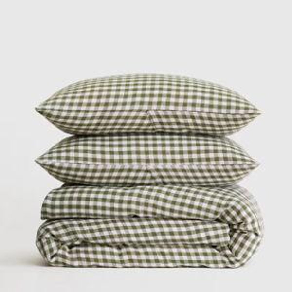European Linen Gingham Duvet Cover Set in Olive
