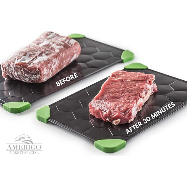 2x Defrosting Tray for Frozen Food (Size L & M) - Super Fast Thawing Tray for Frozen Meat with EXTRA Tongs + Silicon Brush for Cleaning - Eco Friendly Meat Defroster - Thawing Plate with Drip Tray