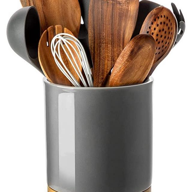 Nucookery 360°Rotating Utensil Holder, 7.2" Large Utensil Crock, White Ceramic Cooking Utensil Organizer with Countertop-Protection Cork Bottom for Farmhouse Kitchen Decor Christmas Thanksgiving Gift (Gray)
