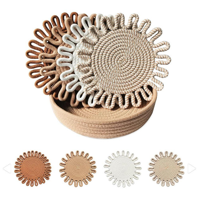 JPCRAFT 9.5 Inch Trivets for Hot Dishes, Hot Pots, Thick Heat-Resistant Large Coaster, Hot Pads, Kitchen Essentials, 4 Pcs Pot Holders for Kitchen Countertop with Storage Basket (Multi Brown)