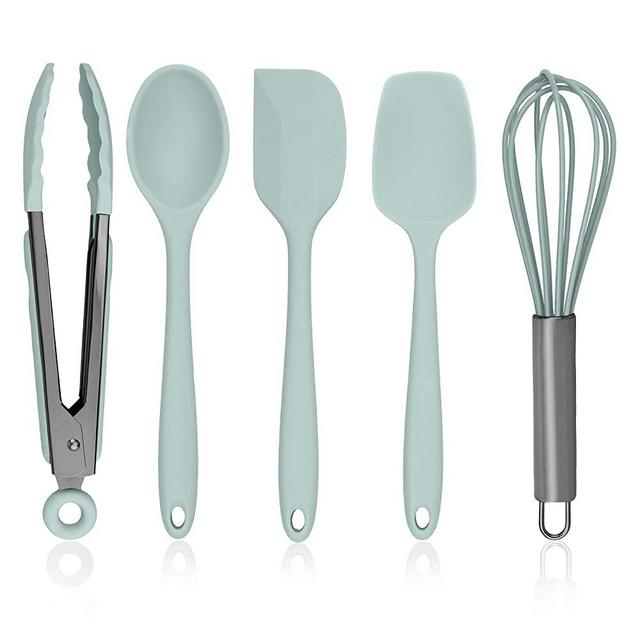 Country Kitchen Silicone Cooking Utensils, 5 Pc Kitchen Utensil Set, Easy to Clean Silicone Kitchen Utensils, Cooking Utensils for Nonstick Cookware, Kitchen Gadgets Set - Mint Green and Gunmetal