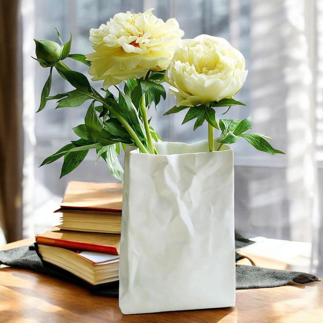 White Crinkle Paper Bag Vase | Modern Decorative Flower Holder | Minimalist Ceramic Vase | Centerpiece for Flowers | Modern Floral Display