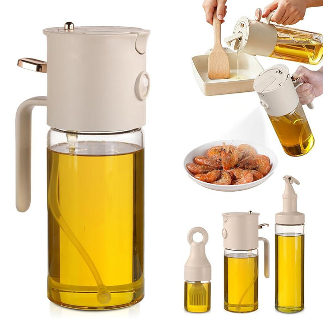 QQC 580ml/19.6oz Olive Oil Sprayer Bottle for cooking, 3-in-1 Oil dispenser Bottle + FREE 2-Piece Kitchen gadgets (Basting Brush & Spice Shaker) - Perfect for kitchen, Air Fryer, Baking, BBQ & Salad.