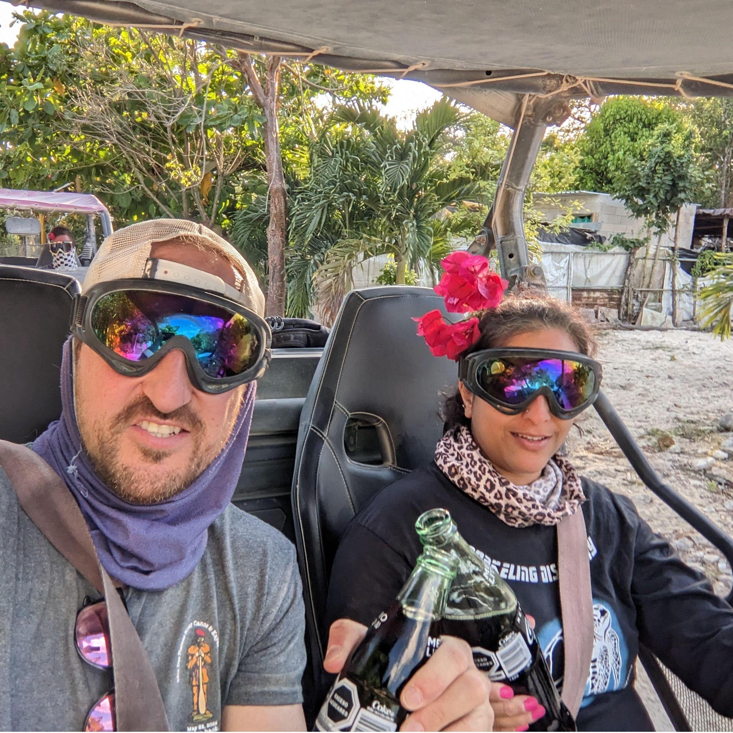 Riding shot-gun in a dune buggy with Appi cruising through Tulum!