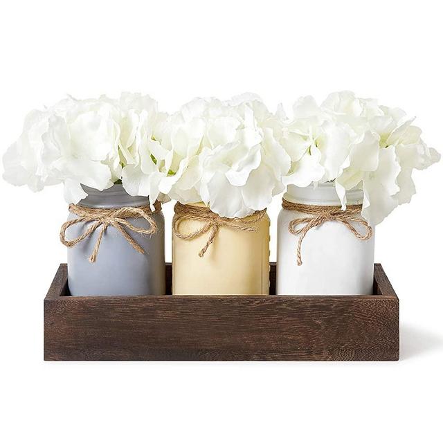 Dahey Decorative Mason Jar Centerpiece Wood Tray with Artificial Flowers Rustic Country Farmhouse Decor for Home Coffee Table Dining Room Living Room Kitchen