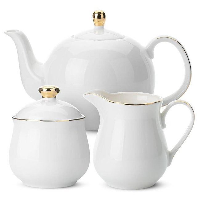 BTaT- 3 Piece Tea Set, Creamer and Sugar and Teapot Set, White Cream and Sugar Bowl and Creamer Set White Teapot Porcelain Teapot, Milk and Sugar Serving Set, Porcelain Tea Pot Ceramic Teapot