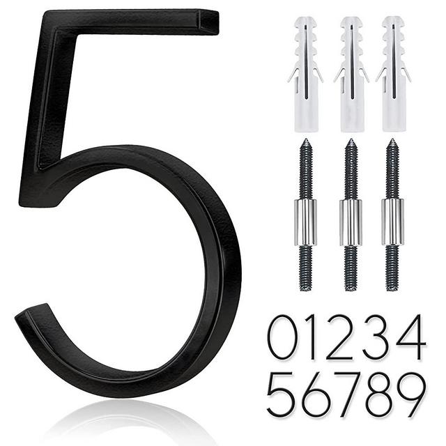 5" Stainless Steel Floating House Number, Metal Modern House Numbers, Garden Door Mailbox Decor Number with Nail Kit, Coated Black, 911 Visibility Signage (5)